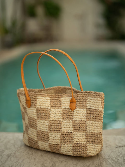 Beach Geometric Raffia Tote with Open Top Design