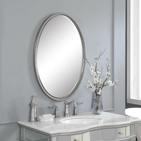 Contemporary Brushed Metal Oval Accent Wall Mirror for Bathroom