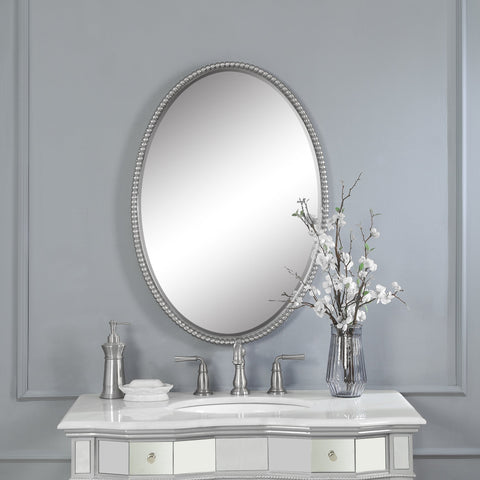 Contemporary Brushed Metal Oval Accent Wall Mirror for Bathroom