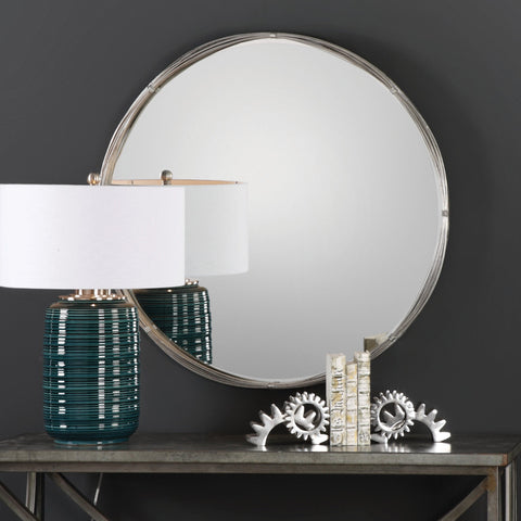 Contemporary Accent Round Mirror with Silver Leaf Finish for Entryway