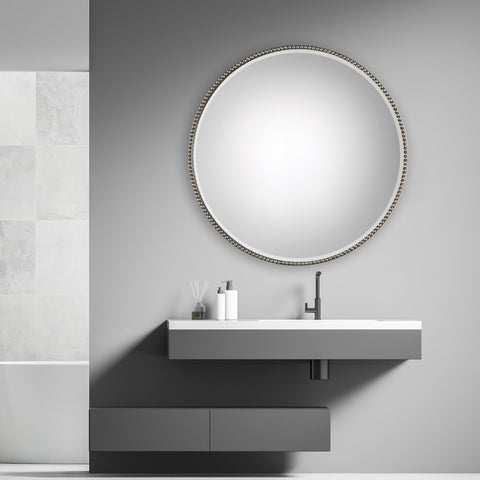 Contemporary Antique Silver Leaf Round Accent Wall Mirror