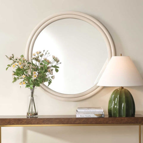 Traditional Lacquered Brass Framed Round Accent Wall Mirror