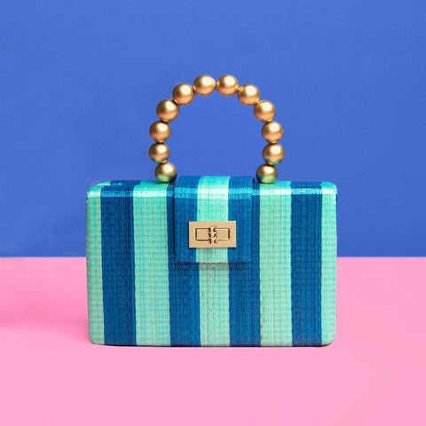 Beach Handmade Stripe Raffia Clutch with Turn Lock