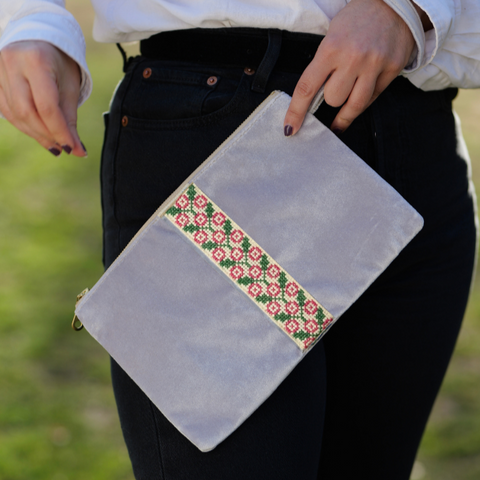 Floral Embroidery Handmade Velvet Clutch with Zipper