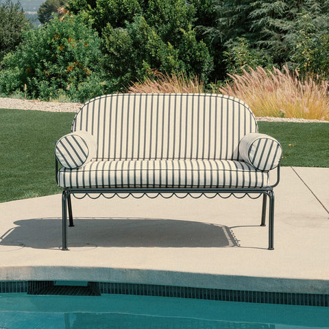 The Al Fresco Love Seat in Monaco Black Stripe | Vintage Black Frame