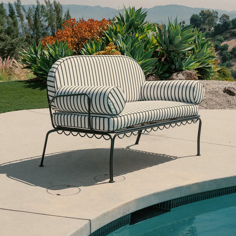 The Al Fresco Love Seat in Monaco Black Stripe | Vintage Black Frame