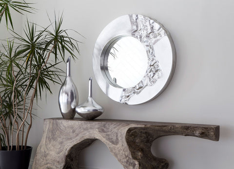 Contemporary Silver Leaf Round Accent Mirror for Entryway
