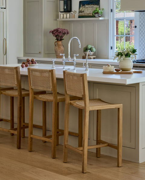 Timeless Minimalist Coastal Teak Slat Back Counter Stool