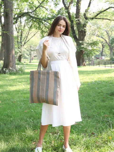 Casual Stripe Handmade Tote with Tassels
