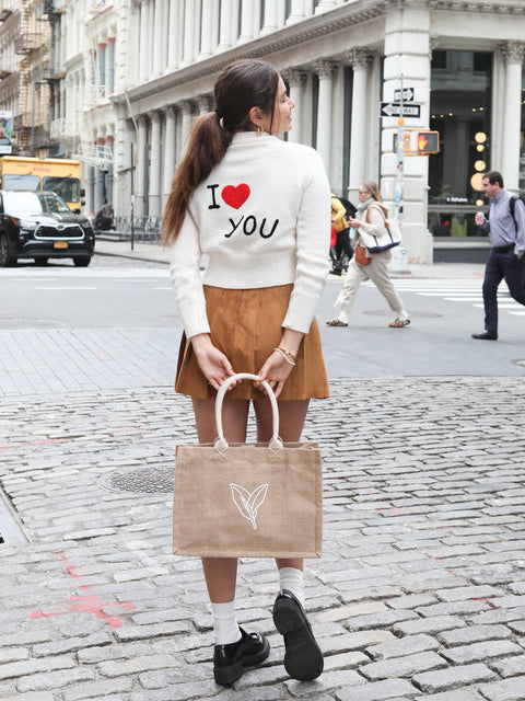 Handmade Solid Embroidery Leaf Graphic Open Top Tote