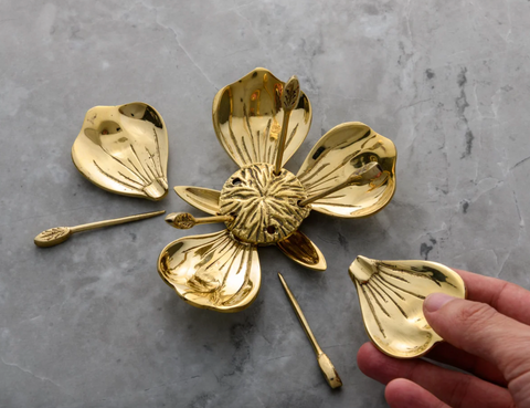 Gift Maximalist Petal Brass Ashtray with Floral Carving