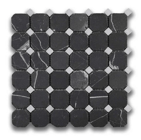 Nero St. Gabriel & Crystal White Octagon Mosaic Honed Marble Tile