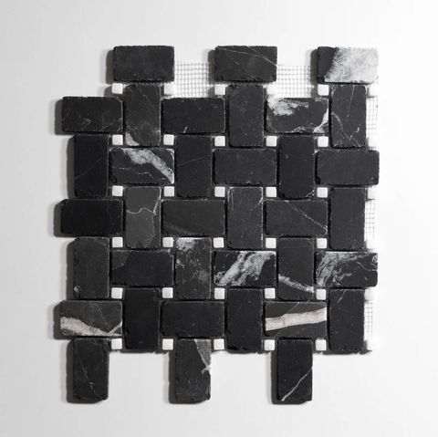 Nero St. Gabriel / Crystal White Basket Weave Marble Mosaic Honed