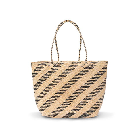 Beach Stripe Braided Rattan Tote with Open Top