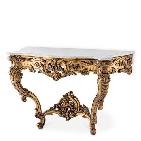 Artful Traditionalist Curved Marble and Wood Console with Carving