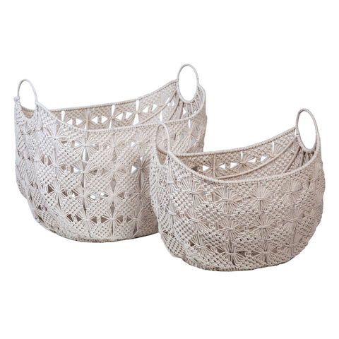 Suzone Natural White Woven Crocheted Cotton Boat Shaped Basket, Set of 2