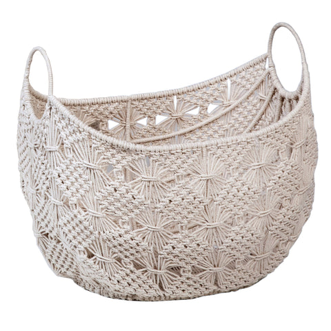 Suzone Natural White Woven Crocheted Cotton Boat Shaped Basket, Set of 2