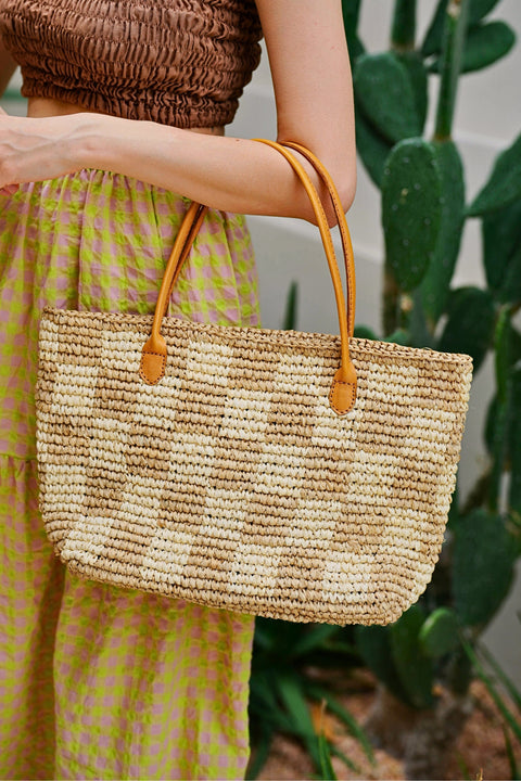 Beach Geometric Raffia Tote with Open Top Design