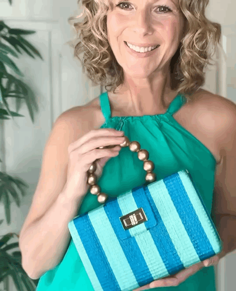 Beach Handmade Stripe Raffia Clutch with Turn Lock