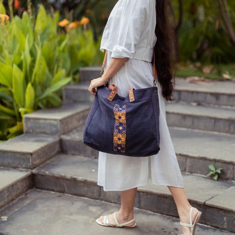 Geometric Embroidery Tote with Magnetic Snap and Pockets