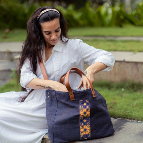 Geometric Embroidery Tote with Magnetic Snap and Pockets