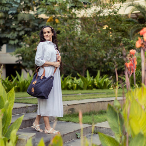 Geometric Embroidery Tote with Magnetic Snap and Pockets
