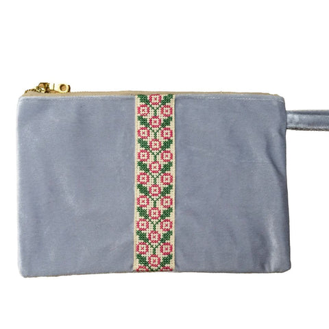 Floral Embroidery Handmade Velvet Clutch with Zipper
