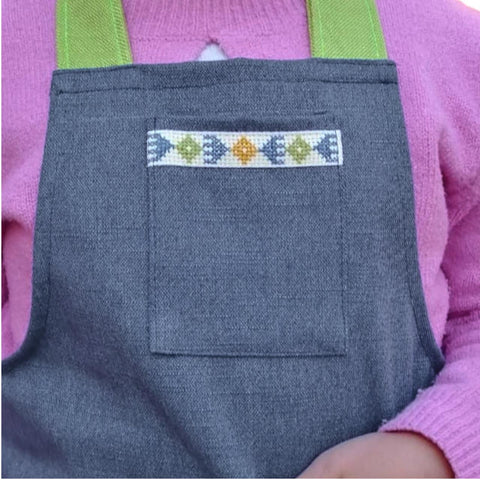 Bib Geometric Apron with Embroidery and Patch Pockets