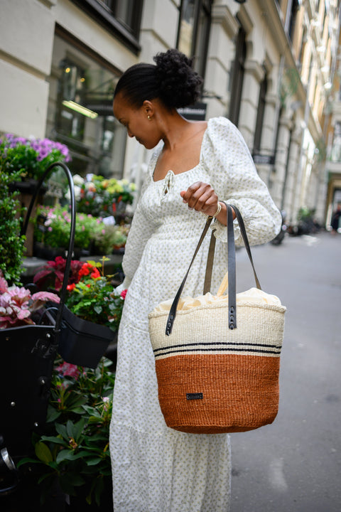 Beach Handmade Color Block Basket Bag with Drawstring