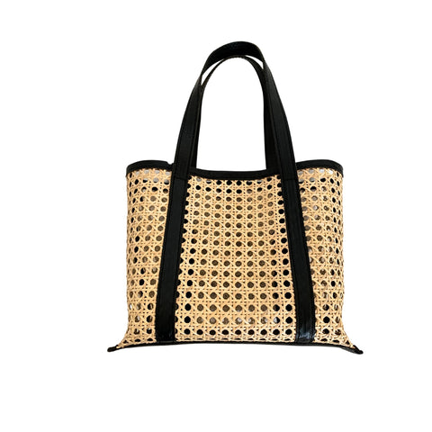 Casual Geometric Handmade Rattan Tote with Leather Trim