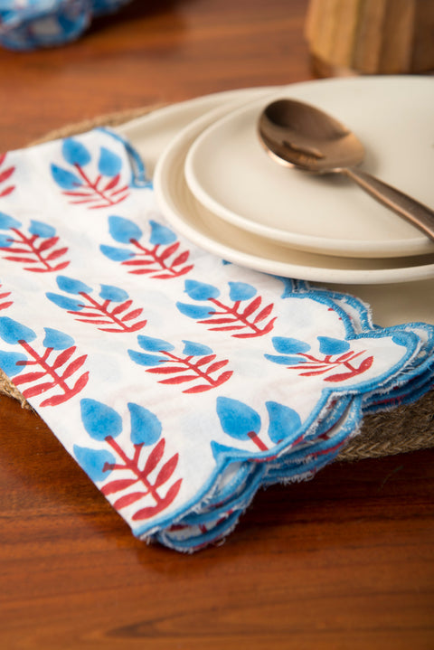 Powered by People Meadow Handblocked Floral Scallop Trim Dinner Napkin - Set of 4