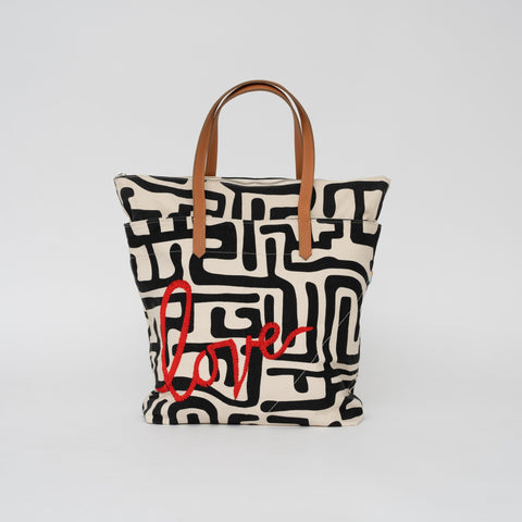 Love Graphic Hand Screen Printed Tote with Beads and Zipper