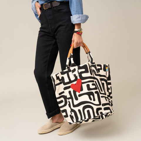 Geometric Heart Hand Screen Printed Bucket Bag with Drawstring