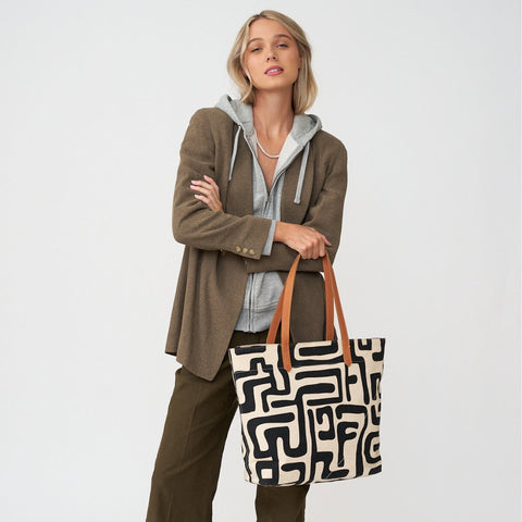 Abstract Graphic Tote with Zip Top and Pocket