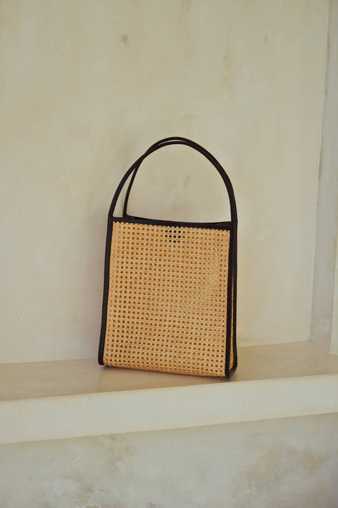Casual Geometric Handmade Rattan Tote with Leather Trim
