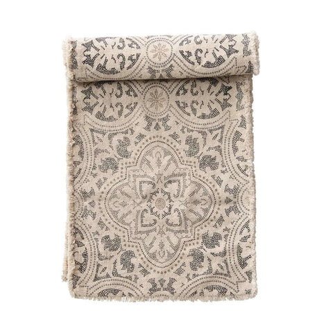 Medallion Print Rectangular Table Runner with Frayed Edges