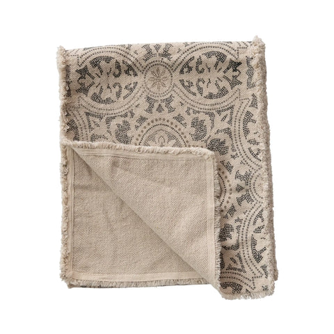 Medallion Print Rectangular Table Runner with Frayed Edges