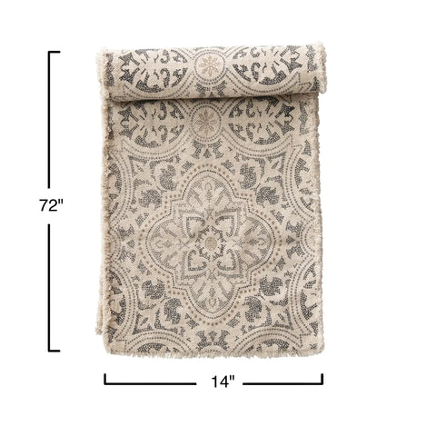 Medallion Print Rectangular Table Runner with Frayed Edges