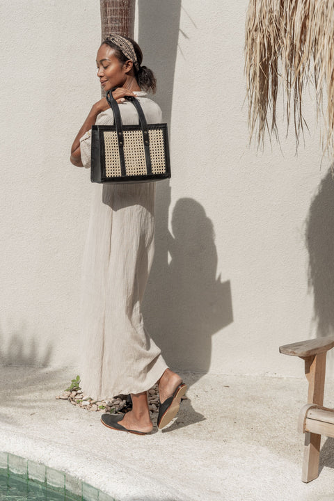 Casual Handmade Geometric Leather Trim Tote