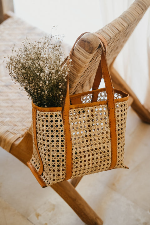 Casual Geometric Handmade Rattan Tote with Leather Trim