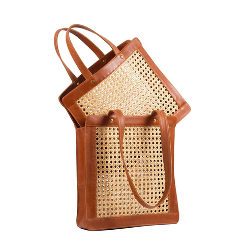 Geometric Handmade Tote with Leather Trim and Interior Pocket
