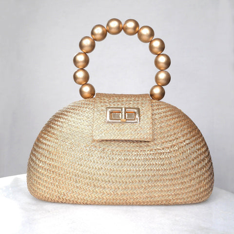 Beach Geometric Beaded Raffia Clutch with Turn Lock