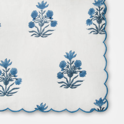 Powered by People Azure Handblocked Floral Scallop Trim Napkin for Tabletop Essentials - Set of 4