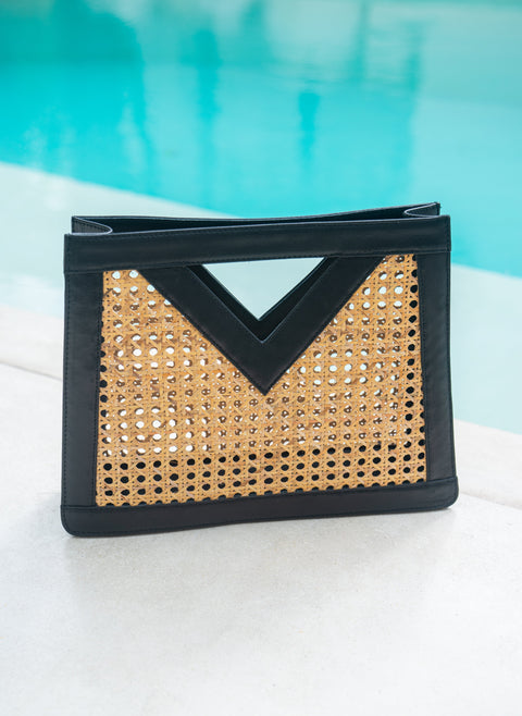 Vacation Handmade Geometric Rattan Clutch with Leather Trim