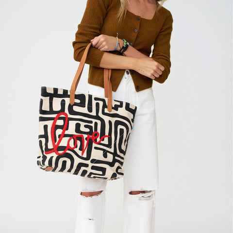 Love Graphic Hand Screen Printed Tote with Beads and Zipper