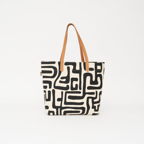 Abstract Graphic Tote with Zip Top and Pocket
