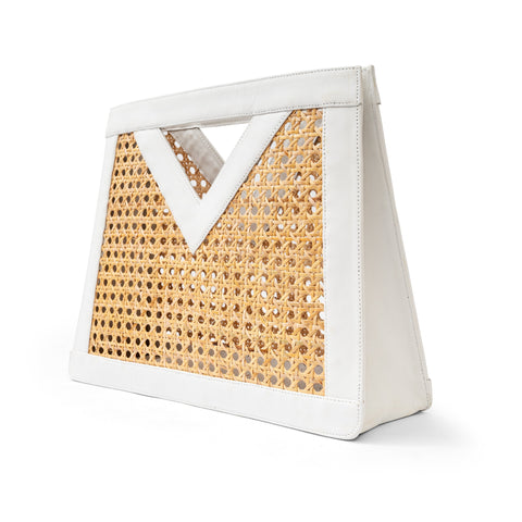 Vacation Handmade Geometric Rattan Clutch with Leather Trim