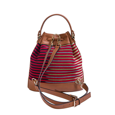 Casual Embossed Stripe Bucket Bag with Drawstring Closure