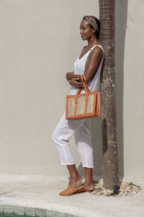 Casual Handmade Geometric Leather Trim Tote