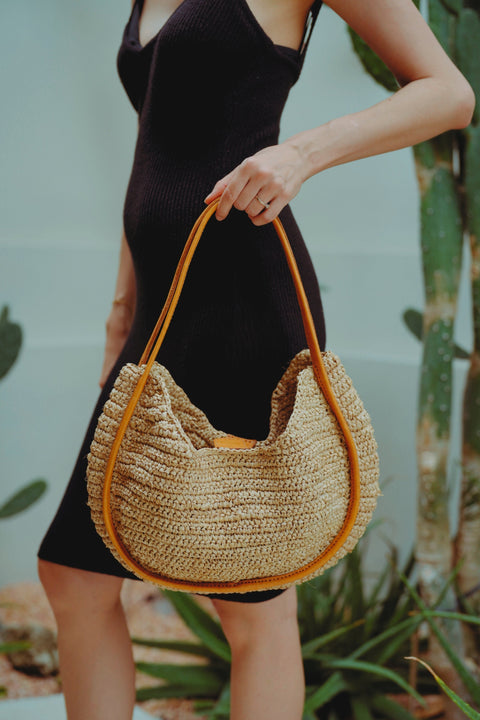 Beach Handwoven Raffia Open Top Tote with Leather Trim